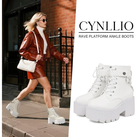 Women's Vegan Leather White Chunky Wedge Lace Up & Zipper Ankle Heel Party Boots - Picture 6 of 6